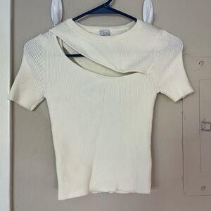 Tilly's Cream Ribbed Asymmetric Cutout Short Sleeve Top